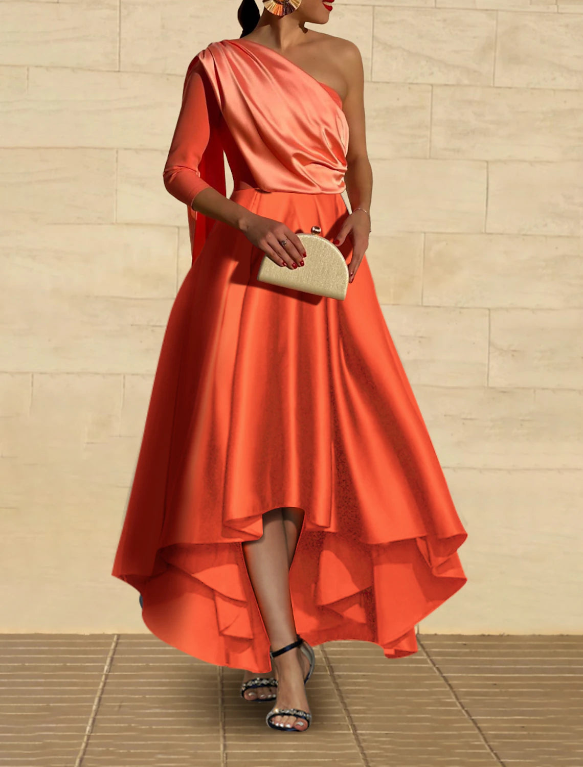 Vestido de noche de corte A, elegante, formal, para fiesta de bodas, largo hasta la rodilla, manga 3/4, un hombro, para invitados de boda, de satén.
